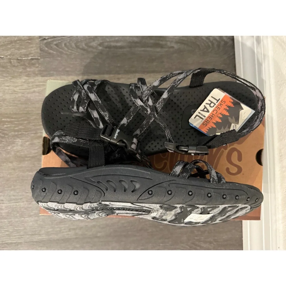 Skechers Reggae Positive Space Women 8 Black Trail Sandals 163595/BLK Vegan NEW